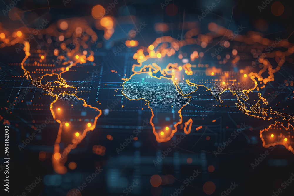 Glowing lines forming world map data points pulsing representing global market connections. Glowing lines forming world map data points pulsing representing global market connections.