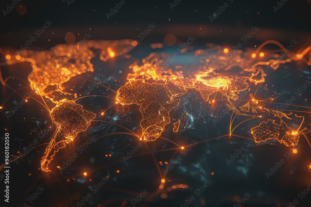 Glowing lines forming world map data points pulsing representing global market connections. Glowing lines forming world map data points pulsing representing global market connections.