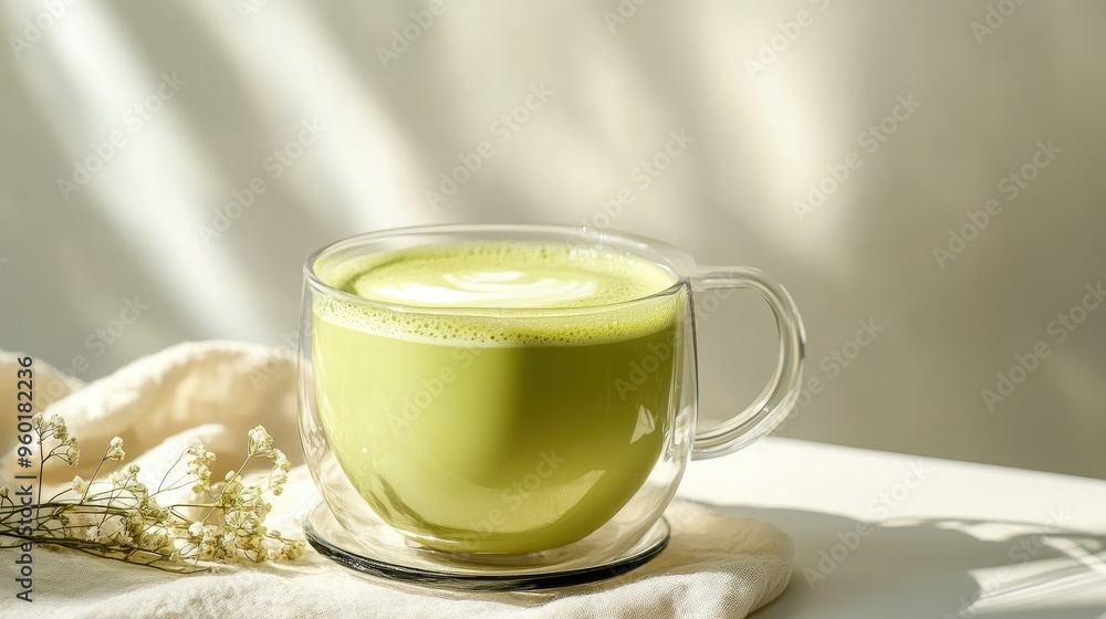 A steaming cup of green matcha latte in a clear glass mug, the vibrant green contrasting with the white background. A steaming cup of green matcha latte in a clear glass mug, the vibrant green contrasting with the white background.