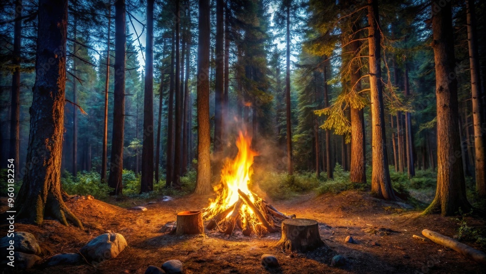 A cozy campfire in the middle of the night forest A cozy campfire in the middle of the night forest