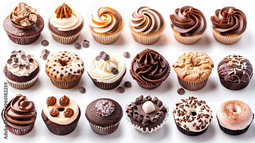 Various of sweets and desserts set and collection. chocolate cake, cupcakes, red velvet cake, apple pie, macarons, pretzel, donut, pastries, muffin, cookies, croissant. Bakery sweets isolated on white Various of sweets and desserts set and collection. chocolate cake, cupcakes, red velvet cake, apple pie, macarons, pretzel, donut, pastries, muffin, cookies, croissant. Bakery sweets isolated on white