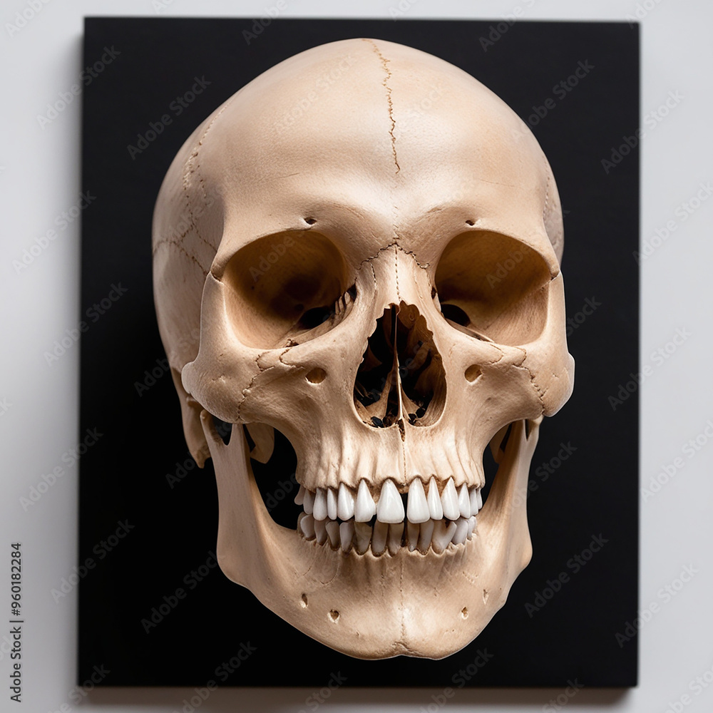 Fototapeta premium Front view of natural human skull on isolated black background