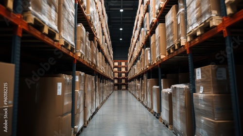 An expansive warehouse aisle highlighted by rows of stacked pallets carrying boxed merchandise, showcasing the critical role of storage and logistics in modern commerce operations.