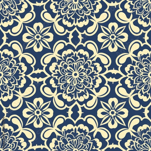 Intricate floral pattern in blue and yellow.