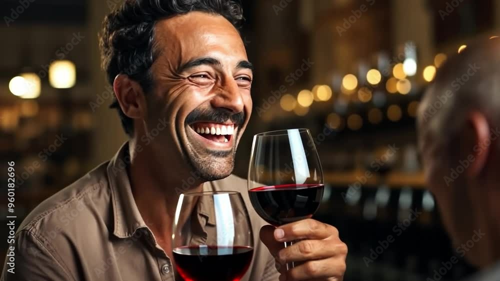 Happy wine taster using his nose to smell the product from a wine glass. In the basement with the tank in the background Happy wine taster using his nose to smell the product from a wine glass. In the basement with the tank in the background