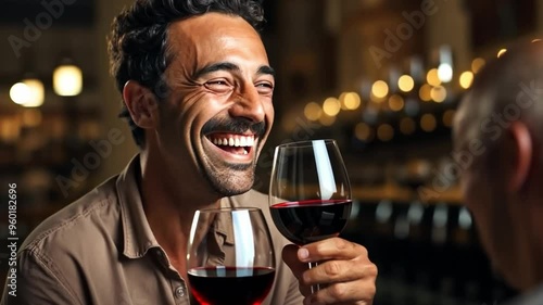 Happy wine taster using his nose to smell the product from a wine glass. In the basement with the tank in the background