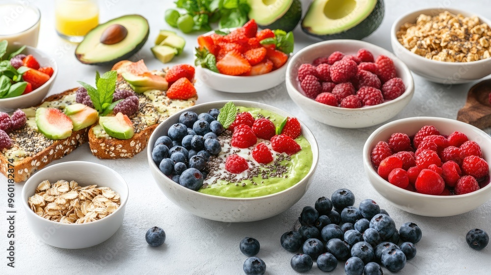 A variety of healthy breakfast options, including smoothie bowls, oatmeal, fresh berries, and avocado toast, set on a bright kitchen counter. A variety of healthy breakfast options, including smoothie bowls, oatmeal, fresh berries, and avocado toast, set on a bright kitchen counter.
