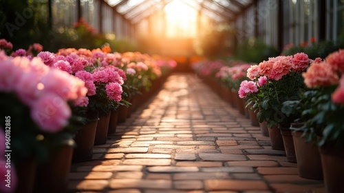 A picturesque greenhouse scene showcasing a path lined with blooming pink flowers, bathed in warm sunlight, capturing the beauty and tranquility of a well-maintained floral environment. photo