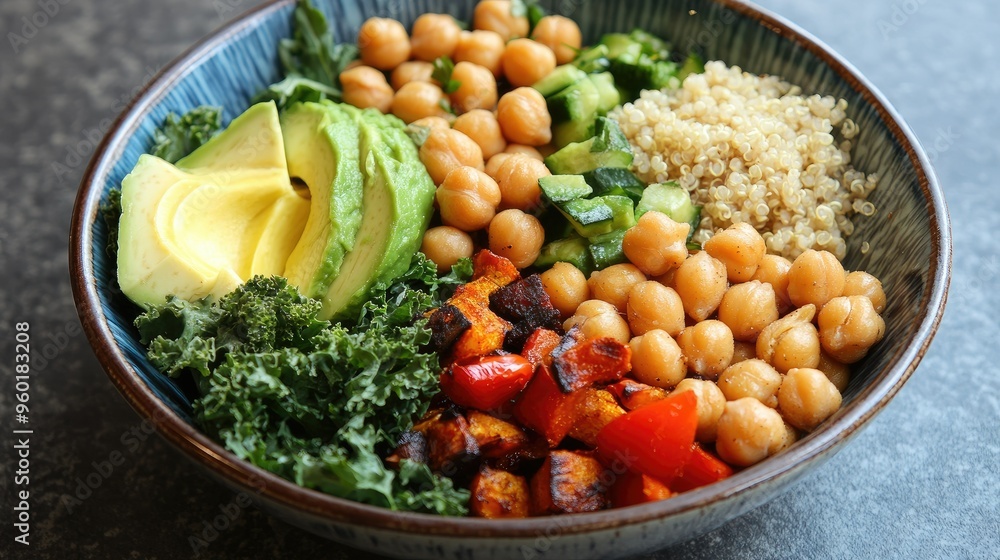A vibrant bowl of Buddha bowl ingredients, including chickpeas, avocado, quinoa, roasted vegetables, and a variety of greens. A vibrant bowl of Buddha bowl ingredients, including chickpeas, avocado, quinoa, roasted vegetables, and a variety of greens.