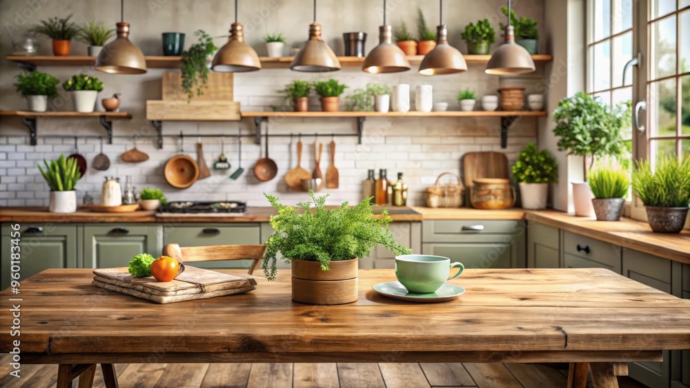 Rustic wooden table with kitchen utensils and greenery, cozy kitchen space Rustic wooden table with kitchen utensils and greenery, cozy kitchen space