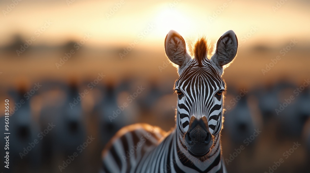 Fototapeta premium A close-up of a zebra staring directly into the camera, captured with the soft light of sunrise illuminating the scene, symbolizing curiosity, attention, and the beauty of wildlife.