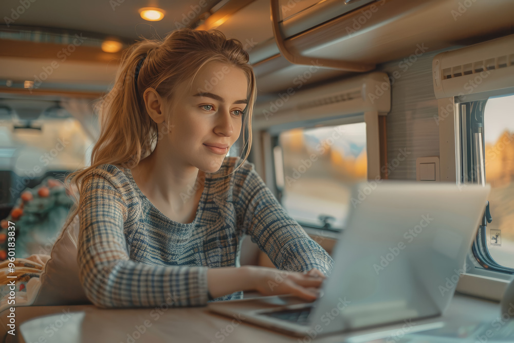 Fototapeta premium A confident 30-something woman with hair in a ponytail working on a laptop at a table in an RV.