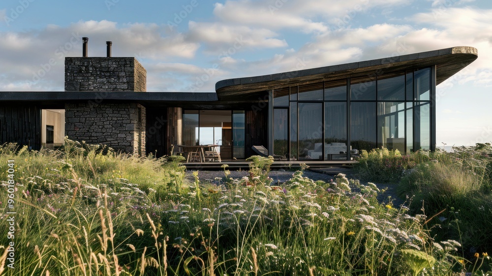Modern house with large windows surrounded by lush green grass and wildflowers under a cloudy sky Modern house with large windows surrounded by lush green grass and wildflowers under a cloudy sky