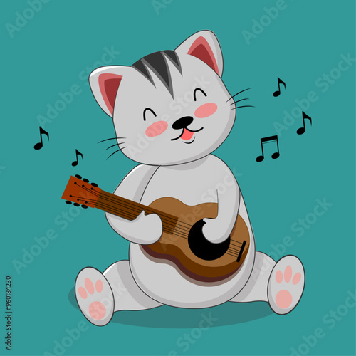 Cute cat playing guitar hand cartoon, mascoot, vector icon, illustration, animal music, animal character, sticker, clipart