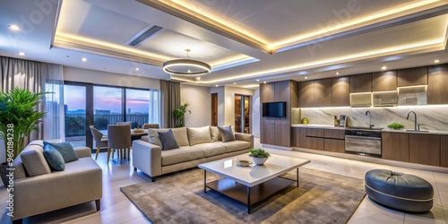 Modern apartment interior with LED ceiling lights