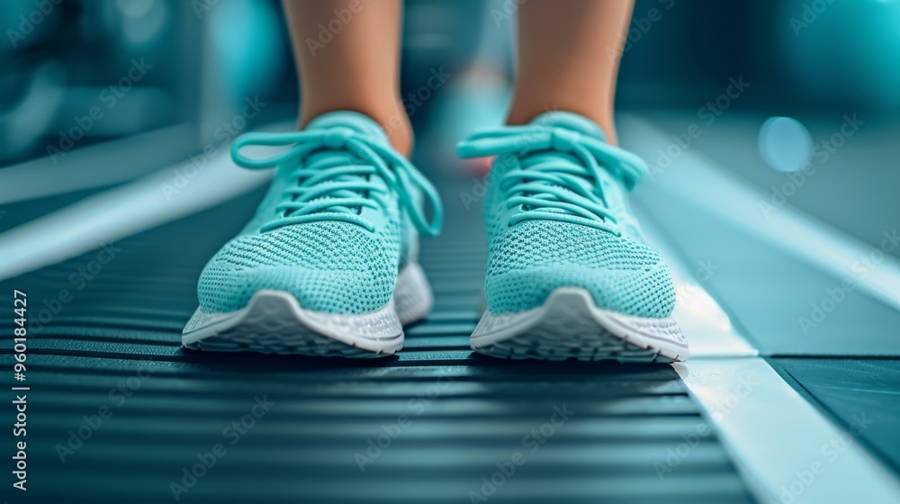 Turquoise sneakers on a treadmill in a gym setting, emphasizing fitness and an active lifestyle. The focus is on the shoes with a blurred background, highlighting the motion and dedication associated Turquoise sneakers on a treadmill in a gym setting, emphasizing fitness and an active lifestyle. The focus is on the shoes with a blurred background, highlighting the motion and dedication associated