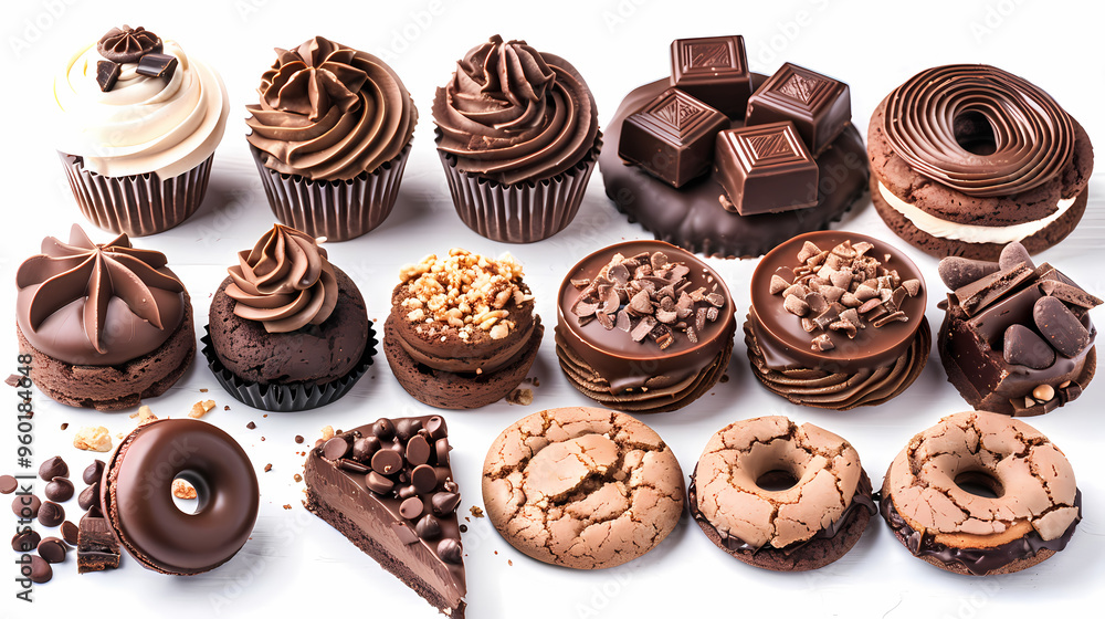 Various of sweets and desserts set and collection. chocolate cake, cupcakes, red velvet cake, apple pie, macarons, pretzel, donut, pastries, muffin, cookies, croissant. Bakery sweets isolated on white Various of sweets and desserts set and collection. chocolate cake, cupcakes, red velvet cake, apple pie, macarons, pretzel, donut, pastries, muffin, cookies, croissant. Bakery sweets isolated on white