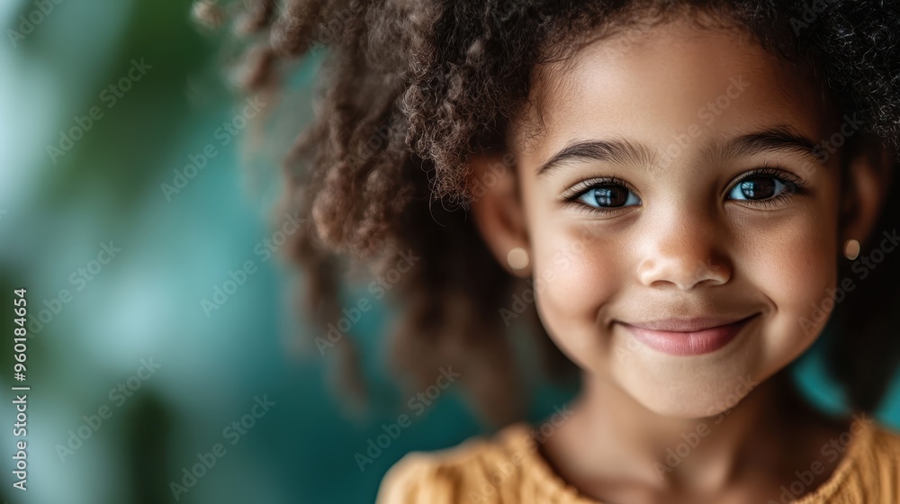 A young girl with curly hair, dressed in a bright yellow top, smiles warmly in a vibrant setting, embodying innocence, joy, and the simple pleasures of childhood. A young girl with curly hair, dressed in a bright yellow top, smiles warmly in a vibrant setting, embodying innocence, joy, and the simple pleasures of childhood.