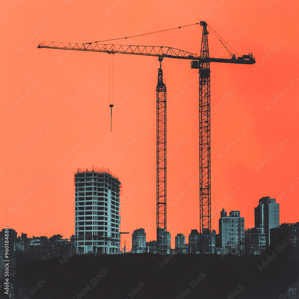 A striking silhouette of construction cranes against a vibrant orange sky, symbolizing urban development and architectural progress. A striking silhouette of construction cranes against a vibrant orange sky, symbolizing urban development and architectural progress.