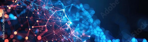 Vibrant network of glowing connections in blue and red hues, symbolizing technology and digital communication.