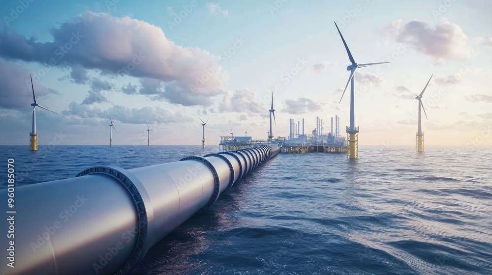 Renewable energy scene with wind turbines and hydrogen pipelines ...