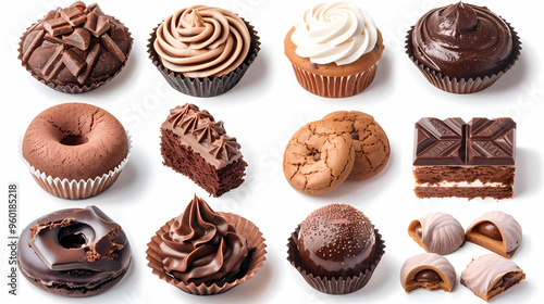 Various of sweets and desserts set and collection. chocolate cake, cupcakes, red velvet cake, apple pie, macarons, pretzel, donut, pastries, muffin, cookies, croissant. Bakery sweets isolated on white