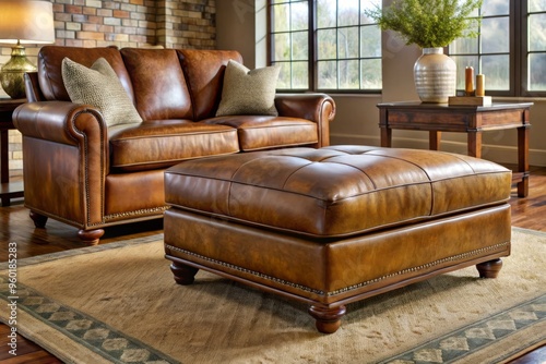 This leather saddle-style ottoman warms a living room with its rustic charm, a perfect addition to a cozy photo