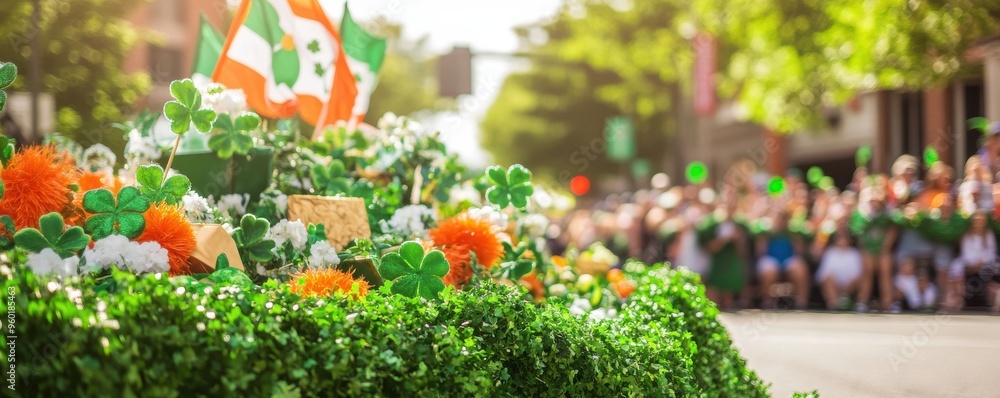 Obraz premium Colorful parade float decorated with shamrocks and Irish flags on a bright sunny day during a St. Patrick's Day celebration.