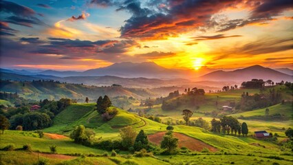 Fotobehang Cappuccinokleur Beautiful sunset over mountains and hills of pastures and farms in Kisoro, Uganda, with a colorful sky and incredible landscape  © Collection