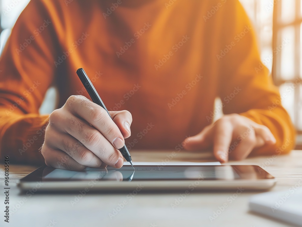 Young professional designing a website with a stylus on a tablet, creative digital design process, modern workspace