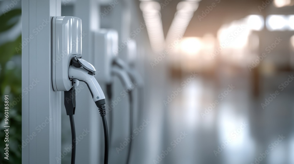 Rows of electric car charging stations in a sleek, modern facility, illustrating advancement in renewable energy technology and the evolution of transportation infrastructure. Rows of electric car charging stations in a sleek, modern facility, illustrating advancement in renewable energy technology and the evolution of transportation infrastructure.
