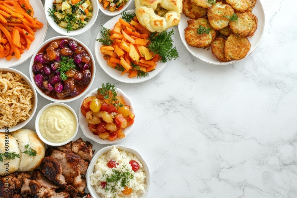 Various Appetizers and Sides Arranged on a Marble Surface Various Appetizers and Sides Arranged on a Marble Surface