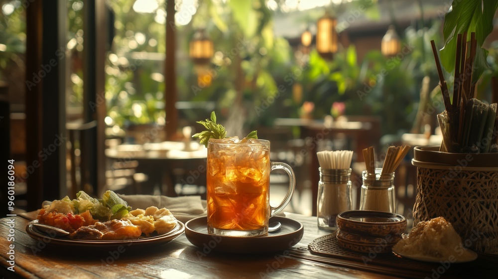 Refreshing Iced Tea with Snacks on Wooden Table in Cafe Refreshing Iced Tea with Snacks on Wooden Table in Cafe