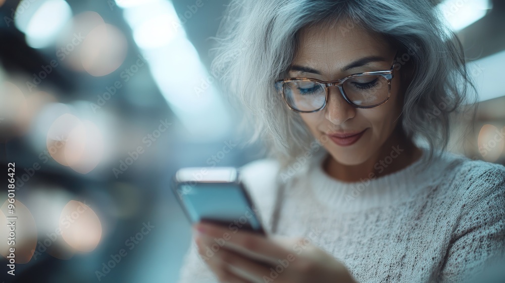 A woman with gray hair and glasses, wearing a white sweater, is looking at her smartphone in an indoor setting with blurred lights in the background. A woman with gray hair and glasses, wearing a white sweater, is looking at her smartphone in an indoor setting with blurred lights in the background.