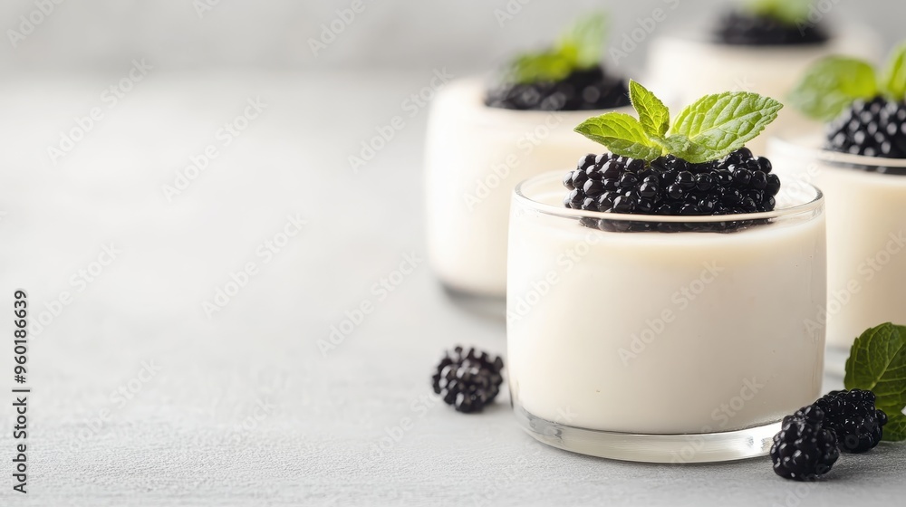 Delicious creamy dessert served in small glass cups, each topped with fresh blackberries and a mint leaf, arranged neatly against a solid, light-colored backdrop. Delicious creamy dessert served in small glass cups, each topped with fresh blackberries and a mint leaf, arranged neatly against a solid, light-colored backdrop.