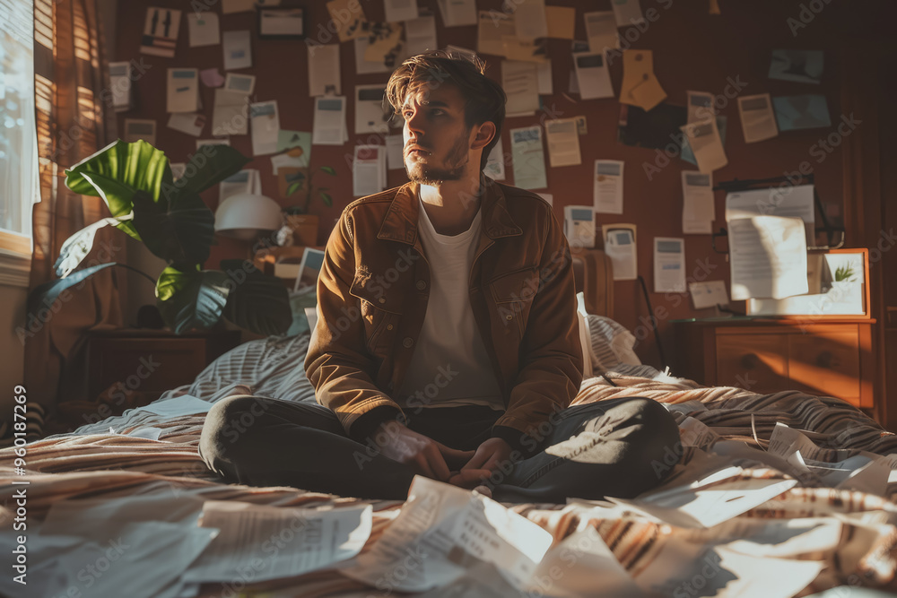 Fototapeta premium Photo of a stressed-out man sitting on his bed with scattered papers all over the room.