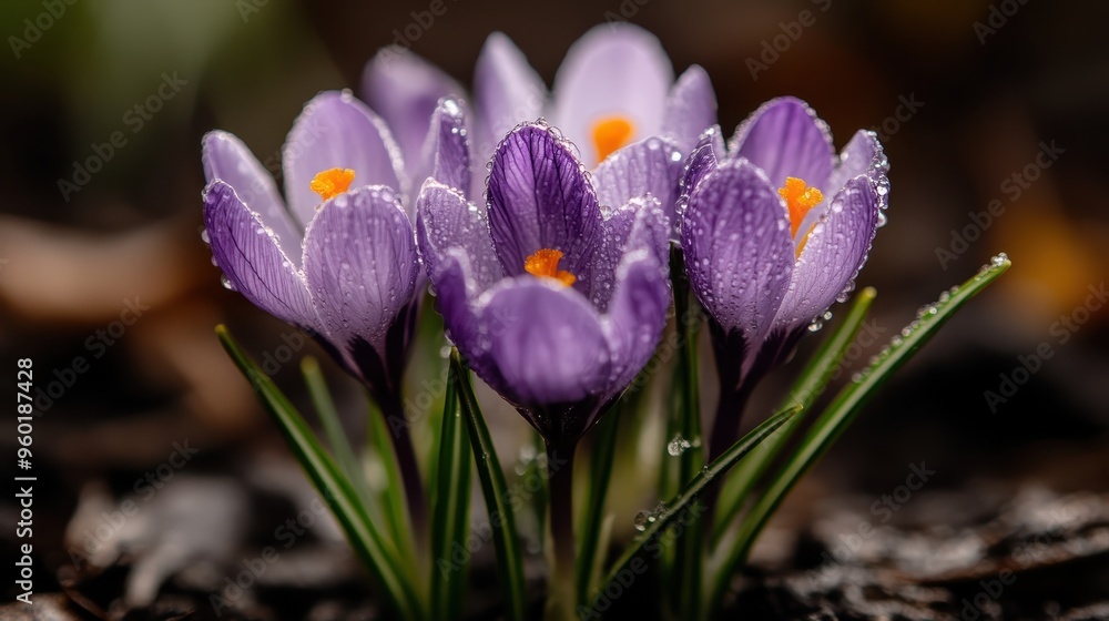 A close-up photograph revealing dew-covered purple crocus flowers emerging from the soil, capturing the beauty and freshness of these early spring blooms. A close-up photograph revealing dew-covered purple crocus flowers emerging from the soil, capturing the beauty and freshness of these early spring blooms.