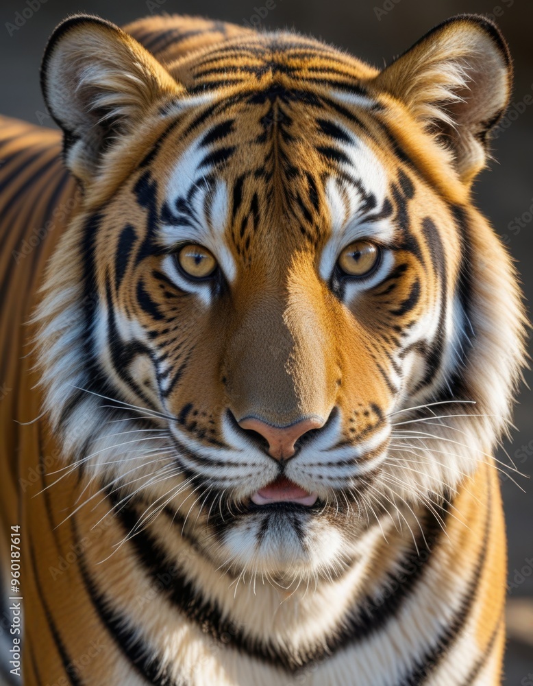 Fototapeta premium A focused photo captures a Bengal tiger in a moment of serene contemplation, its intense gaze fixed on the beauty of nature surrounding it. 