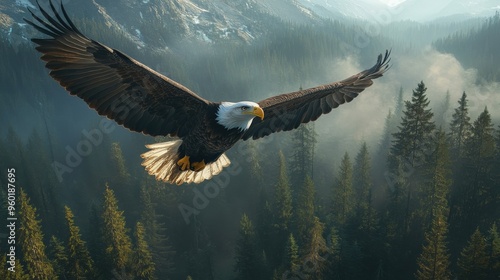 A majestic bald eagle soaring over a protected forest in North America, symbolizing wildlife conservation and national pride photo