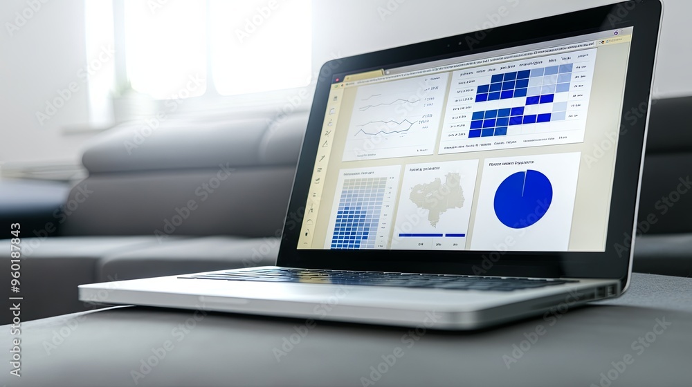 Digital marketing concept in a minimalist modern office setting, showcasing a laptop screen with data analytics and performance metrics Digital marketing concept in a minimalist modern office setting, showcasing a laptop screen with data analytics and performance metrics