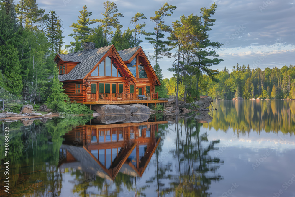 Obraz premium Lakeside cabins nestled among towering pines. The image is reflected in the calm waters.