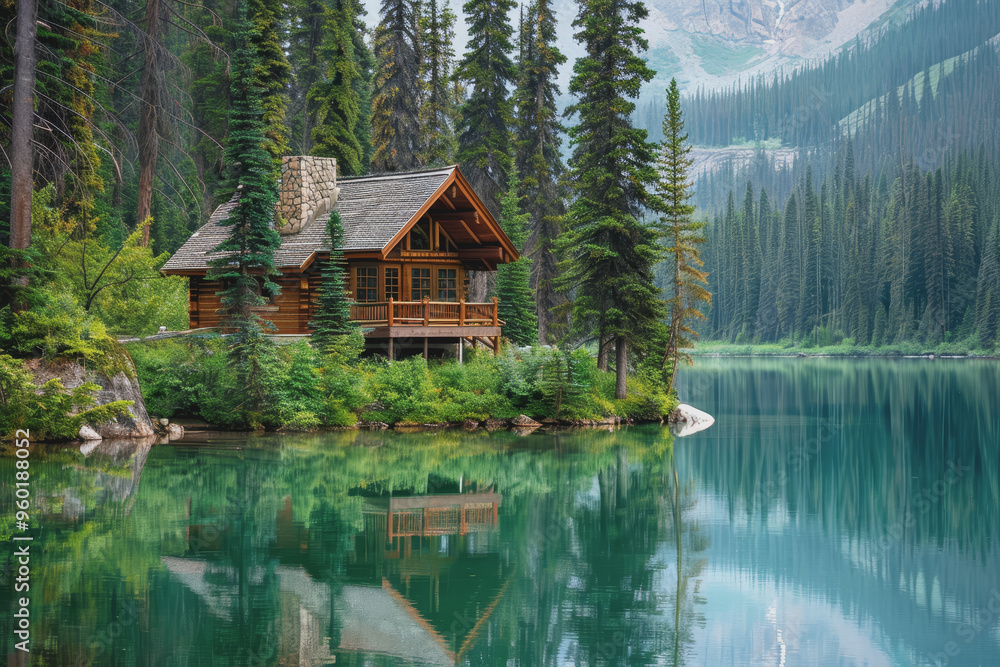 Fototapeta premium Lakeside cabins nestled among towering pines. The image is reflected in the calm waters.