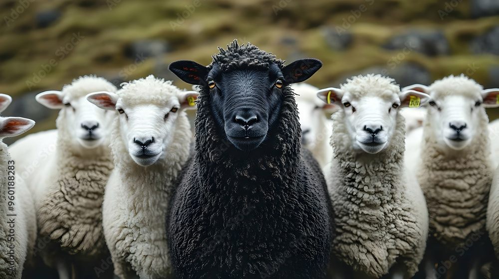 Fototapeta premium A black sheep stands out among a group of white sheep.