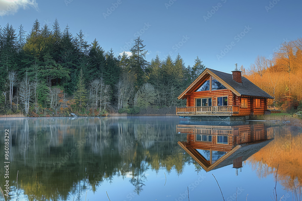 Obraz premium Lakeside cabins nestled among towering pines. The image is reflected in the calm waters.