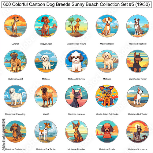 Colorful Dog Breeds Cartoon Characters Sunny Beach Bundle Collection Set 5 of 600 Dog Faces Isolated Part 19