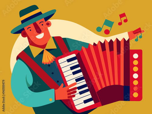 Vector illustration of Red accordion playing traditional folk music instrument 
