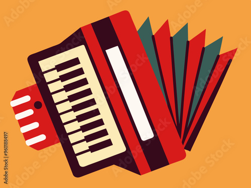 Vector illustration of Red accordion playing traditional folk music instrument 

