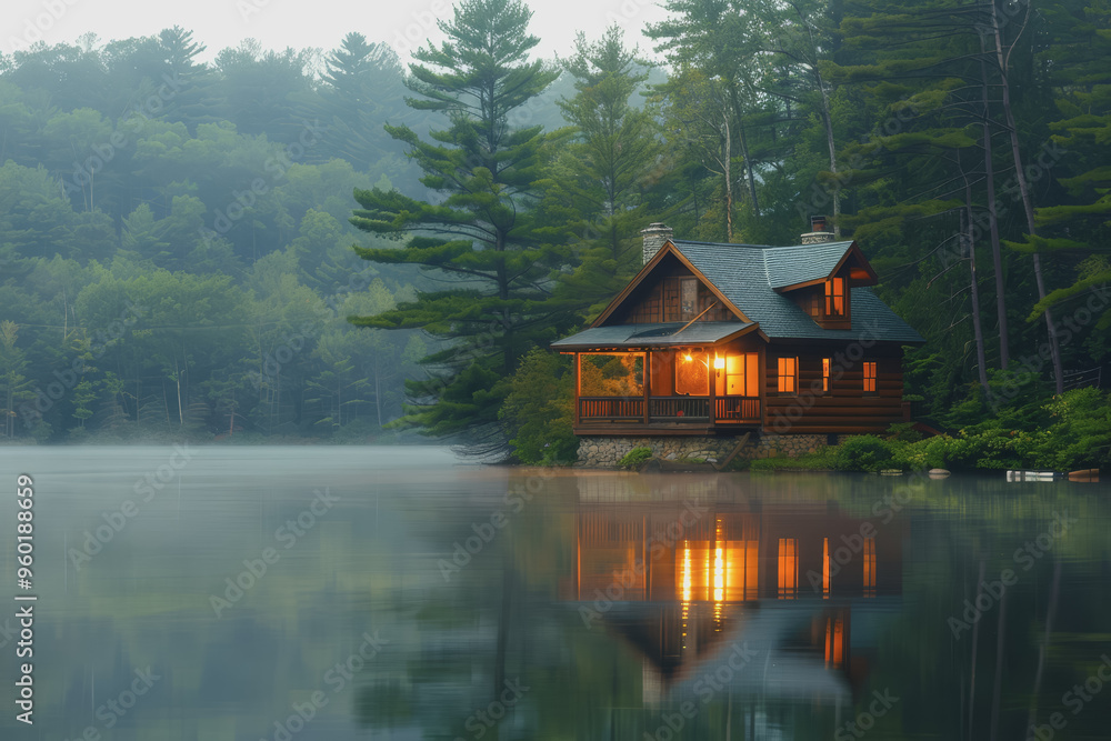 Lakeside cabins nestled among towering pines. The image is reflected in the calm waters. Lakeside cabins nestled among towering pines. The image is reflected in the calm waters.