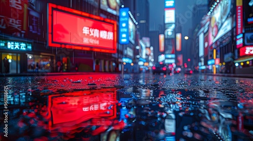 3D Rendering of billboards and advertisement signs at modern buildings in capital city with light reflection from puddles on street. Concept for night life, never sleep business district center photo