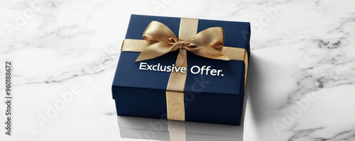 Elegant Black Friday mockup featuring a navy blue gift box with gold ribbon on a marble surface conveying an exclusive offer concept photo